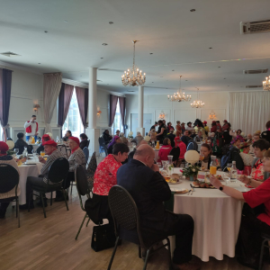 Zdjęcie wszystkich uczestników balu przy stołach